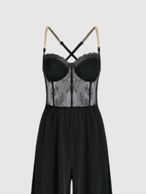 Elegant Black Wide-Leg Jumpsuit with Lace Bodice